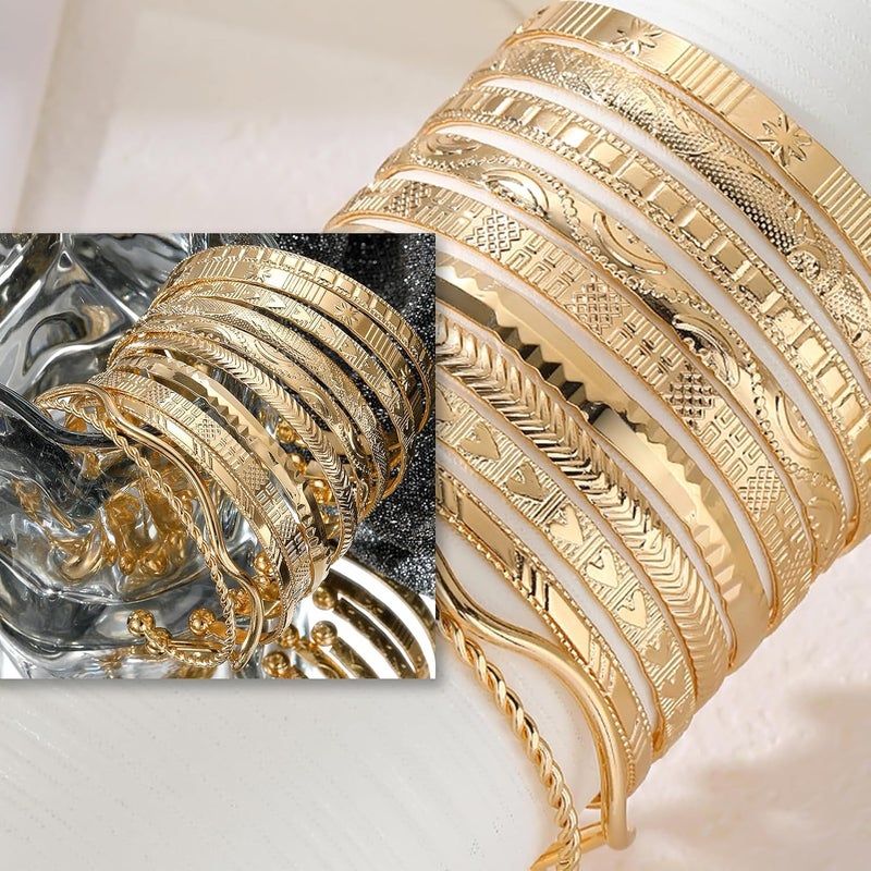 17IF Gold Bangle Bracelet For Women, 14k Multilayer Charm Textured Stackable Bracelets Boho Indian Chunky Cuff Fashion Jewelry Gift - Image 5